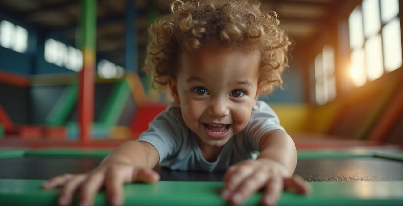 Enfant concentré maîtrisant une figure acrobatique sur trampoline