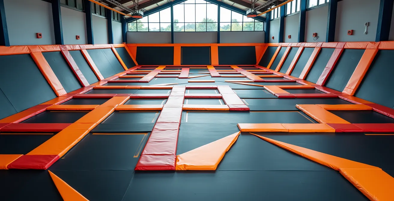 Vue aérienne épurée d'un parc de trampolines moderne avec espaces colorés